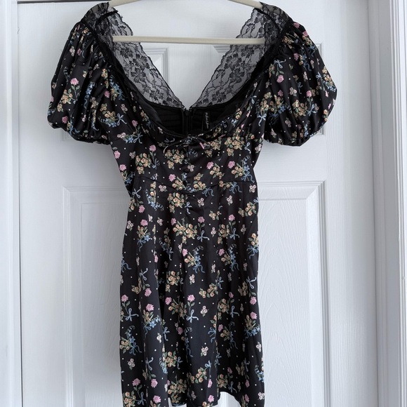 For Love & Lemons Floral Satin Mini Dress XS Lace Puff Sleeve Retail $239 - Picture 6 of 15